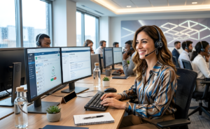 woman, office, work, desk, business, workplace, write, monitor, computer, screen, office work, headset, hotline, call center, communication, service, consulting, secretary, laugh, friendly, ai generated